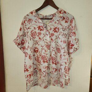 Cynthia Rowley Red White Floral 100% Linen Button Down Shirt Short Sleeve Large